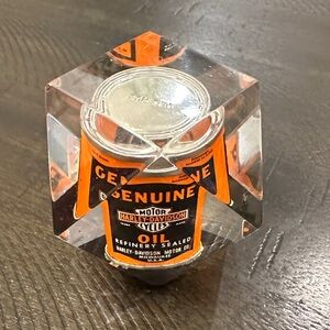 Harley-Davidson Orange and Black Oil Can Display prism acrylic paperweight